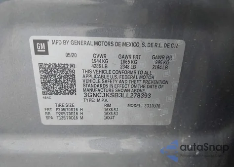 2020 Chevrolet Trax Fwd Ls z USA, uszkodzony, nr VIN 3GNCJKSB3LL278393